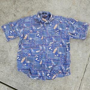Vtg 90s ROUNDTREE & YORK Golf Clubs All Over Graphic Golf Button Up Shirt Large